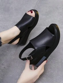 Mujeres de la moda una palabra hebilla zapatos cklass, color sólido grueso fondo alto talón zapatos plataforma mujer, negros mujer de ocio ligero y cómodo. - Negro - Ver 3