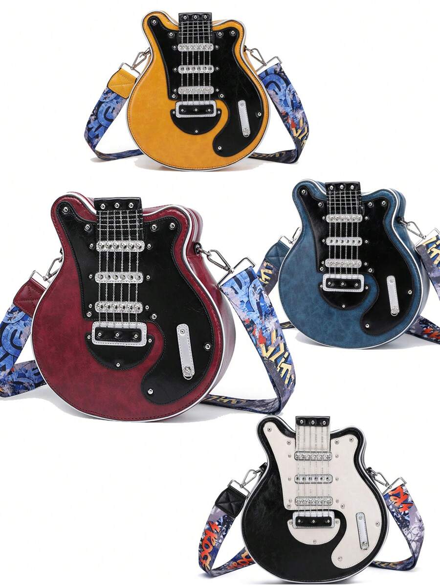 Túi đeo chéo nữ phong cách Y2K hình cây đàn guitar Niche 2024 có màu sắc tương phản mới lạ có đinh tán trang trí Túi đeo vai hợp thời trang làm quà tặng lễ hội âm nhạc Da PU cao cấp, thiết kế bass có điểm nhấn là dây xích và đinh tán, dây đeo vai có thể điều chỉnh, không gian bên trong rộng rãi và phụ kiện thời trang dành cho phụ nữ - Màu Đỏ Sâu - Xem 1