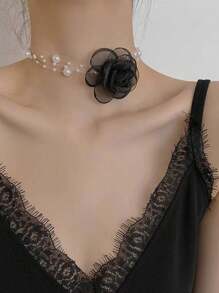 1pc Women's French Style Flower & Faux Pearl Necklace, Romantic And Sexy Clavicle Chain, Princess Collar Accessory Valentines,Mom,Mother,Mother's Day,Gift