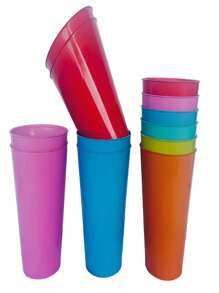 Kit 10 Copos Reutilizáveis Plástico 300ml Colorido Merenda Escola - Multicolorido - Visão 3