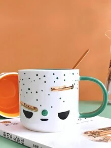 1pc Ceramic Emoticon Mug, Green Color, Lovely Couple Cup, Suitable For Home/Office, Coffee/Tea/Water Cup Back To School - Green - View 1