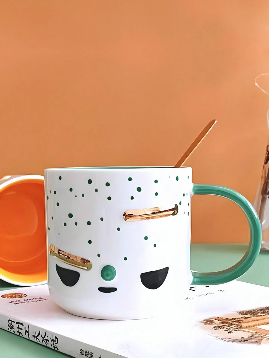 1pc Ceramic Emoticon Mug, Green Color, Lovely Couple Cup, Suitable For Home/Office, Coffee/Tea/Water Cup Back To School - Green - View 1