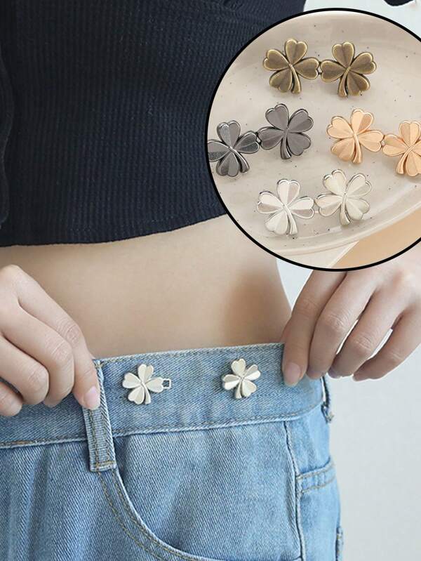 1Pc Invisible Adjustable Lucky Clover Belt Detachable Non Stitching Button Small Flower Belt With Large Waist Decoration And Small Waist Reduction Tool Jeans Belt Pin