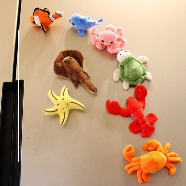 1 pieza Imán de nevera con forma de animal marino de tela con dibujos animados, que incluye pez payaso, langosta, delfín, etc. Mejor regalo