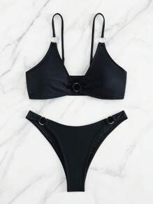 Ladies' Solid Color Circular Ring Connection Separated Bikini Set, 2pcs/Set Summer Beach - Black - View 3