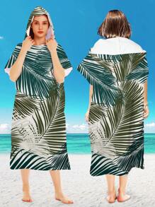 1pc Deep Green Leaf Print Wearable Bath Towel, Personalized Superfine Fiber Quick-Drying Poncho Style Towel With Zipper, Adult Unisex, Suitable For Use After Shower, Windproof, Sunscreen, Insulation, Beach, Outdoor, And Home Summer Wedding Home Bathroom Decor Beach Wear Back To School
