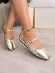 Women's Square Toe Quality Soft Leather Flat Shoes, Pumps For Office Lady With Vintage Gentle Fairy Style, Fit For Skirt - Gold - View 8