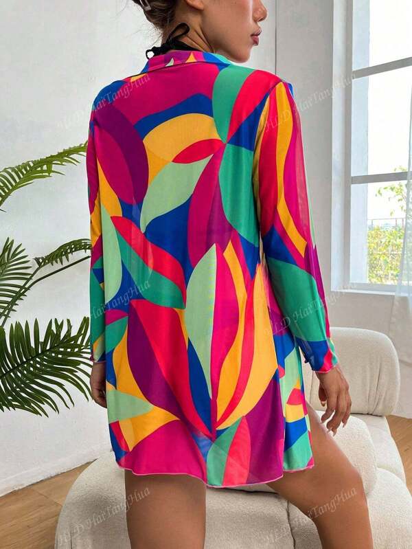 Vestido de playa con mangas largas, estampado geométrico colorido, para vacaciones de verano - Nuevo 2024
