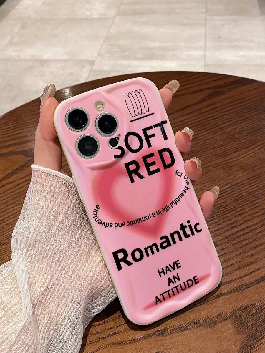 Ốp Điện Thoại Họa Tiết Trái Tim & Lượn Sóng, In Bảng Chữ Cái Màu Đen Trên Nền Hồng, Ốp Bảo Vệ Camera Toàn Diện Màu Trắng Ngà, Tương Thích Với Iphone 11, Iphone 13, Iphone 14, Iphone 15 Và Các Mẫu Iphone Khác - Nhiều màu - Xem 1