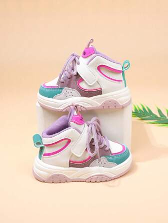 1pair Color Block Mid-Top Casual Sneakers For Girls