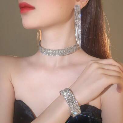 4入組全鑲鑽頸鍊、手鍊、耳環和戒指套裝,適合女士,節日、婚禮、日常穿著