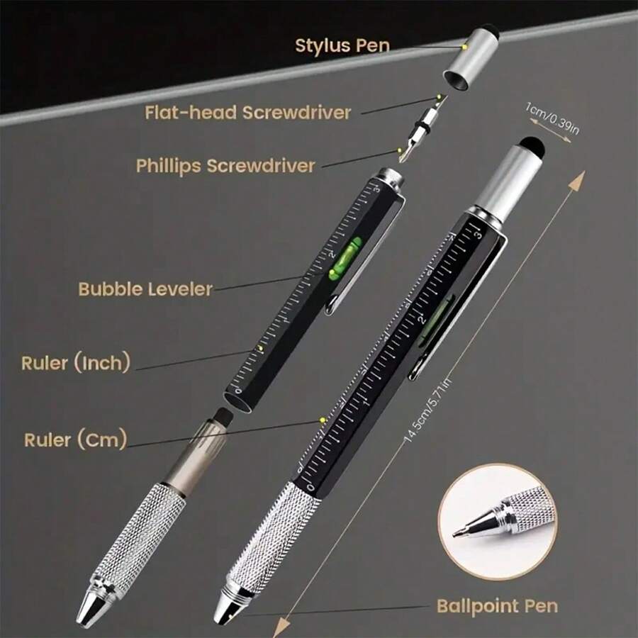 6 In 1 Multi-Functional Tool Pen With Level Gauge, Scale Ruler, Touch Screen Pen, Screwdriver (Phillips & Flathead) And Ballpoint Pen - Black - View 1