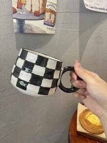 1pc, 380ml Ceramic Marble Cup, Black & White Chess Grid Design, Coffee Mug, Suitable For Kids Back To School Gift, Home Decor, Breakfast Cup, Great For Gifting Back To School