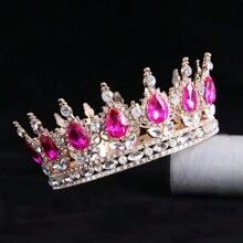 1入簡單時尚的粉色水滴玻璃水晶和合金皇冠,適合女性的婚禮、節日、生日派對等場合