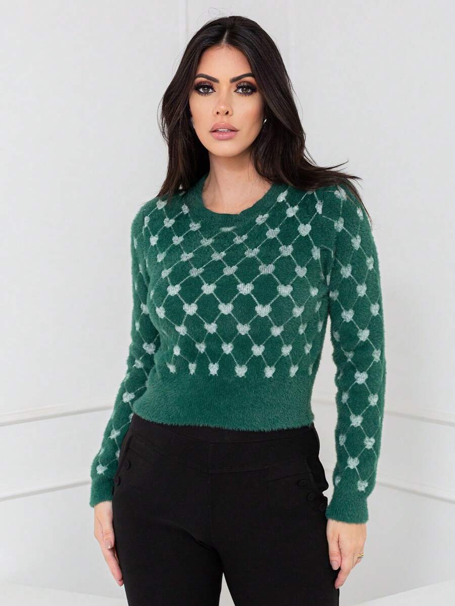 Suéter pulover importado feminino com gráfico de coração pequeno, gola redonda, mangas caídas número do modelo é WZ168 - Verde - Visão 1