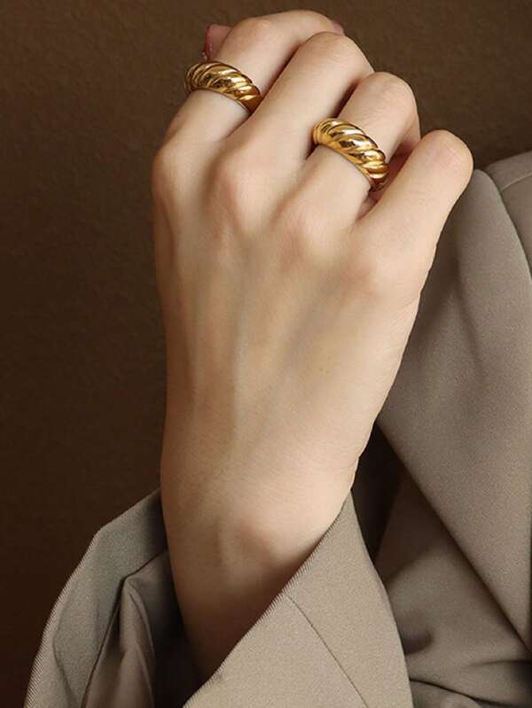 1pc European-American Style Horn Shaped Bread Ring Stainless Steel Ring Fall-Resistant Colorfast INS Women High-End Titanium Steel Jewelry