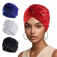Fashion Women's Solid Color Beanie Hat Bling Side Sequin Decorated Stretch Turban Hat Bonnet Hair Bonnet Turban Christmas