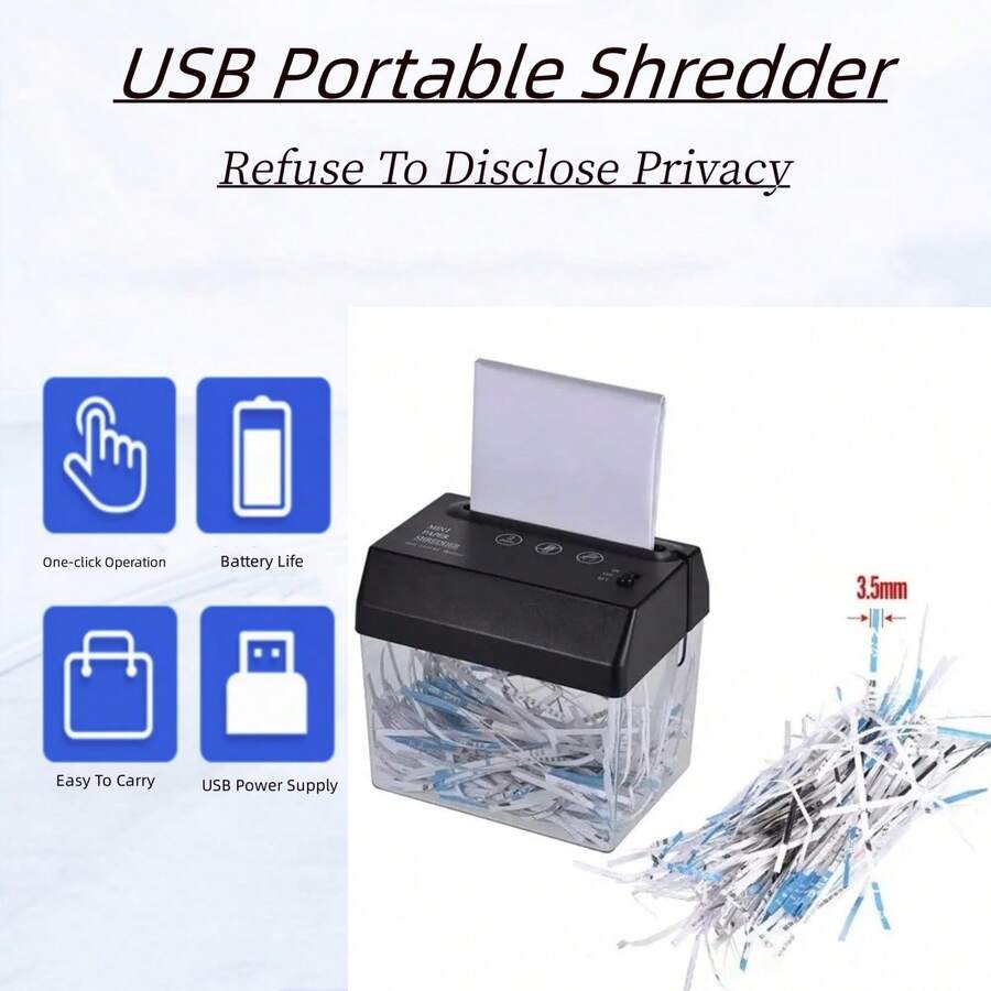 Usb Mini Electric A6 Desktop Paper Shredder, Home/Office Small Strip-Cut Paper Shredder - Black - View 1