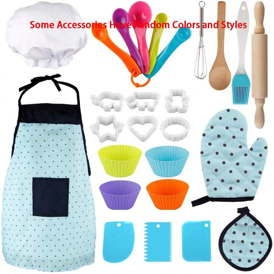 Juego de cocina para niños, Juego de delantal de cocina para niños, Juego de herramientas de horneado y accesorios para pasteles para niños que incluye batidor, rodillo (los patrones y colores pueden variar) Cocina para niños, Juguetes de cocina, Rodillo, Cocina para niños, Horneado para niños, Rodillo, Cocina