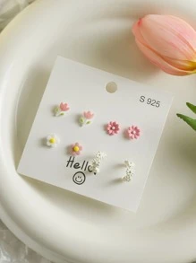 8PCS Pink Tulip Ceramic Spray Paint Simple Week Stud Set Combination Female Fresh Elegant Student Earrings - Yellow - View 5
