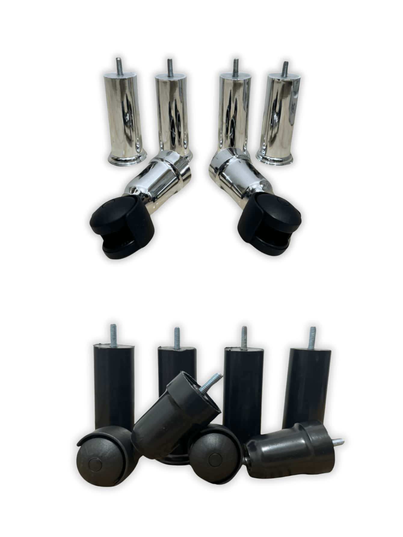 Kit 6 Pés para cama box de solteiro/casal/queen/king 4 pés fixos e 2 com rodinhas de plástico Preto ou Cromado - Prata - Visão 1