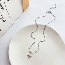 1 Peça Colar Curto Elegante E Versátil De Osso De Cobra Em Aço Inoxidável Prateado Com Pingente Em Formato De Cruz E Estrela Para Homens, Vestuário Diário, Não Desvanece
