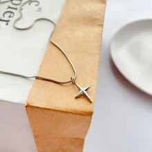 1 Peça Colar Curto Elegante E Versátil De Osso De Cobra Em Aço Inoxidável Prateado Com Pingente Em Formato De Cruz E Estrela Para Homens, Vestuário Diário, Não Desvanece