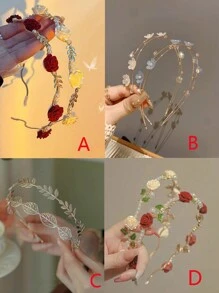 Boho風格2入組合金薄髮箍，裝飾玫瑰、珍珠和葉子形狀的飾品，甜美髮飾頭飾