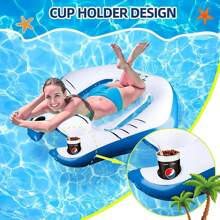 1pc Adult Inflatable Manta Ray Shaped Swimming Pool Float With Headrest And Cup Holder, Perfect For Beach, Water Or Pool Party Lounge Raft For Summer - Blue and White - View 1