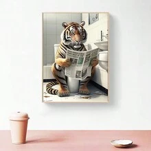 1 件无框趣味厕所动物墙壁艺术海报印刷牛鸭老虎阅读报纸帆布画浴室房间家居装饰大象无框 - 彩色 - 查看 5