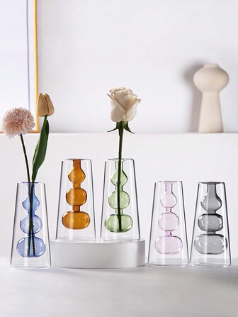 1pc Nordic Modern Simple Colorful Glass Creative Double-Layer Transparent Vase, Suitable For Living Room Dried Flowers, Fireless Rattans, Aromatherapy Strips, Flower Arrangement Decoration, Flower Hydroponic Spring Home Decor Gifts Birthday Graduation