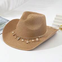 1pc Unisex Shell Decor Sun Visor Straw Cowboy Hat,For Party Boho - Camel - View 17