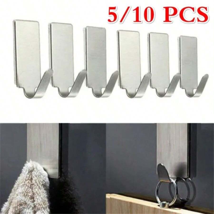 5/10入組不鏽鋼自粘掛勾,可黏貼於牆面和門上的掛勾 - 銀色 - 查看 1