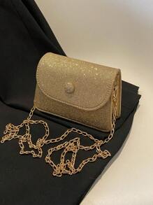 1pc Solid Color Pu Flap Closure Shiny Fashion Chain Crossbody Bag Suitable For Daily Use In Spring And Summer