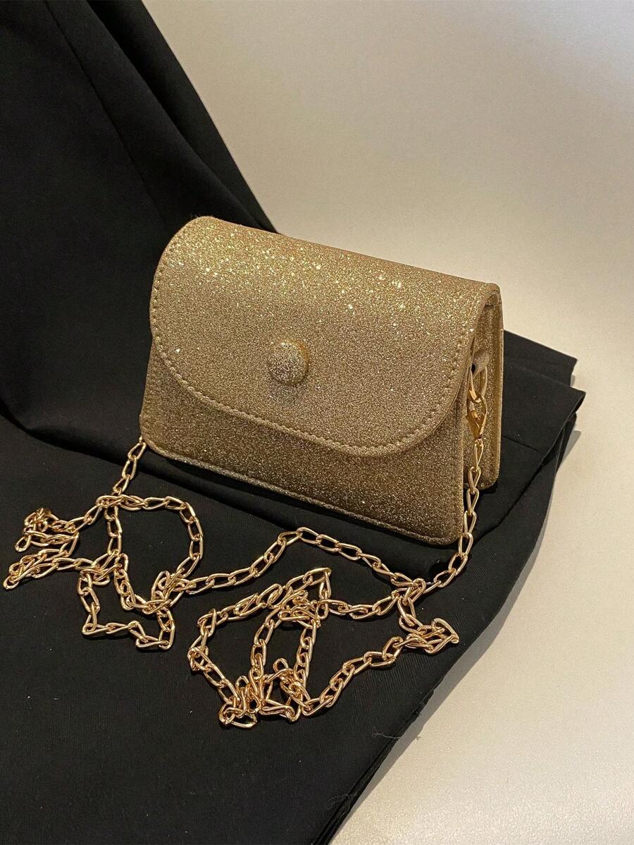 1pc Solid Color Pu Flap Closure Shiny Fashion Chain Crossbody Bag Suitable For Daily Use In Spring And Summer