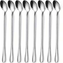 8pcs/Set Long Handle Stainless Steel Iced Tea Spoon, Coffee Spoon, Ice Cream Spoon And Cocktail Stirring Spoon - Silver - View 1