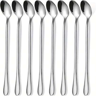 8pcs/Set Long Handle Stainless Steel Iced Tea Spoon, Coffee Spoon, Ice Cream Spoon And Cocktail Stirring Spoon