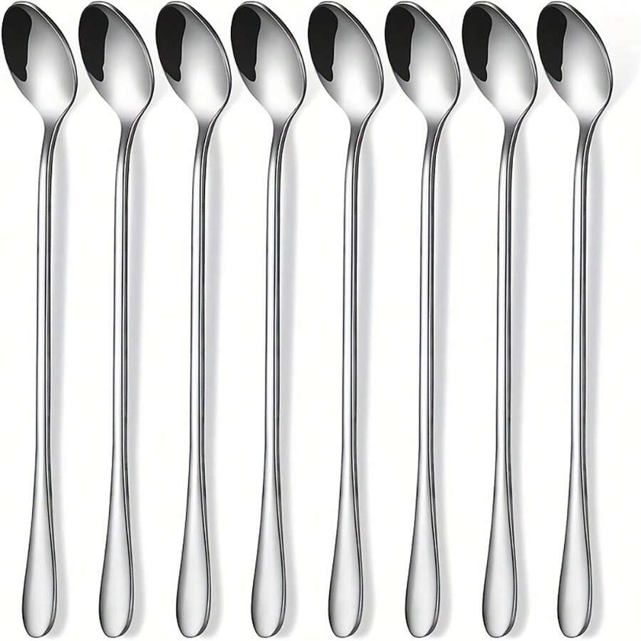 8pcs/Set Long Handle Stainless Steel Iced Tea Spoon, Coffee Spoon, Ice Cream Spoon And Cocktail Stirring Spoon - Silver - View 1
