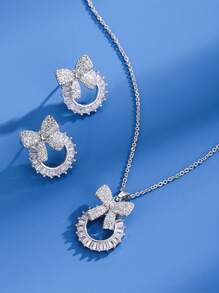 1set/4pcs Elegant And Sweet Bow Knot Full Rhinestone Earring, Necklace, Ring Set Valentines