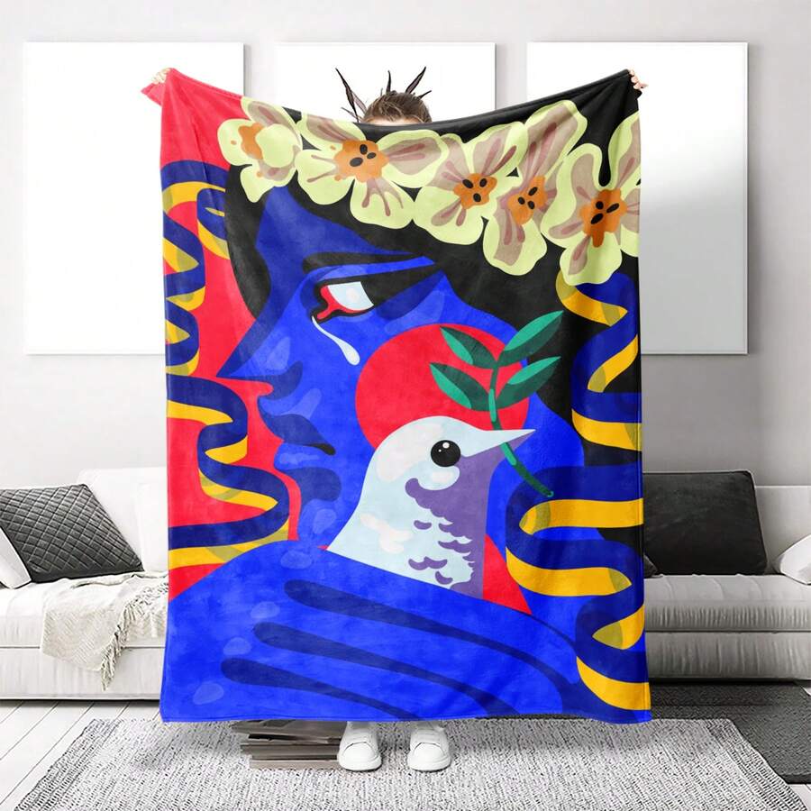 一件印有花朵穿戴人物圖案的沙發毯，藝術裝飾壁掛，柔軟舒適的蓬鬆床罩，適用於家居日常使用 - 藍色 - 查看 1