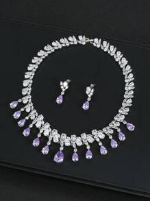 1套3入組立方氧化鋯項鍊和耳環套裝,高端的水滴裝飾珠寶,適用於婚禮、宴會和節日佩戴 - 水滴 - 查看 6