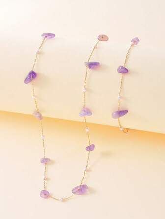 1入組手工水晶、石頭和珍珠項鍊及手鍊組合，女士配戴