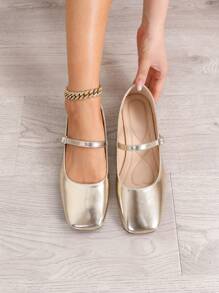 Women's Square Toe Quality Soft Leather Flat Shoes, Pumps For Office Lady With Vintage Gentle Fairy Style, Fit For Skirt - Gold - View 5