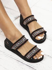 Fashionable Women's Sandals, Spring/Summer New Crossed Elastic Band Woven Bohemian Style Black Flat Shoes For Women