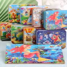 60 件木质拼图玩具铁盒装，高清印刷，注意力训练，蒙特梭利教育儿童礼物 - 彩色 - 查看 1