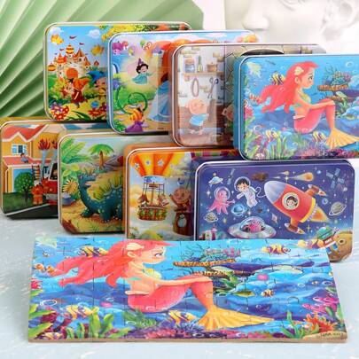 60pcs Wood Puzzle Toy In Iron Box, High Definition Printing, Concentration Training, Montessori Educational Children Gift