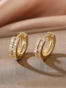 1pair Luxurious Copper & Rhinestone Inlaid Geometric Double Circle Earrings, Perfect For Date - Golden - View 14