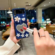 1pc Blue Heart Mirror & 3d Flower Flip Phone Case Compatible With Samsung Galaxy Z Flip3/4/5, Full Coverage Anti-Fall Protective Cover - Blue - View 5