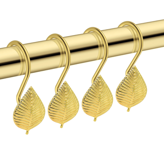 12pcs Gold Leaf Shaped Decorative Shower Curtain Hooks, Durable Rustproof Bathroom/Kitchen Accessory Bathroom Decor