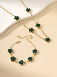 1set Popular Floral Clover Necklace Bracelet Women's Jewelry Set Holiday Gift - Multicolor - View 5